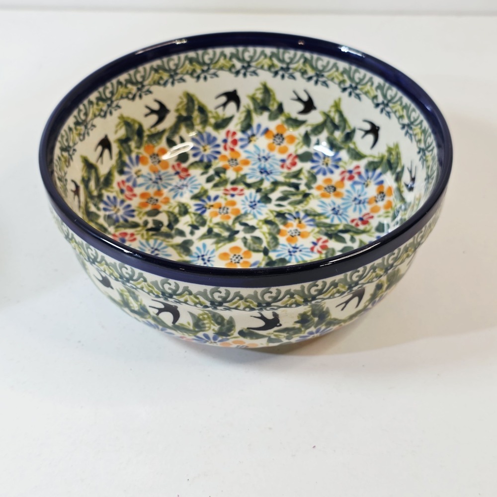 Boleslawiec Polish Pottery Small Magnolia Bowl 6.2 inch Floral Swallows Poland